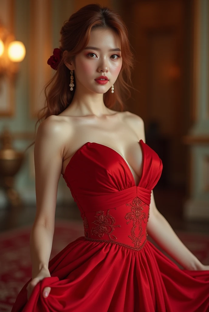 (Best quality,8K,A high resolution,Masterpiece:1.2, DSLR, 16k ),Ultra-detailed,(Realistic,Photorealistic,photo-realistic:1.37),Portrait, Creative style artwork, Historical, classical, Sophisticated, plethora of colors ,Highly detailed, Soft lighting, luxurious environment , black dress, there is young woman , girl wearing a red classy royal dress, performing a music video, slim fit (oval perfect shape, asymmetrical face structure, perfect proportion, almond eye type, hazal eye color, detailed eyes, brownish red hair color, 32 inch breasts, hourglass figure, slim body, pale white skin tone ,sexy girl, 2, soft wavy hair, looking away, attitude expression, professional makeup, pink lips)