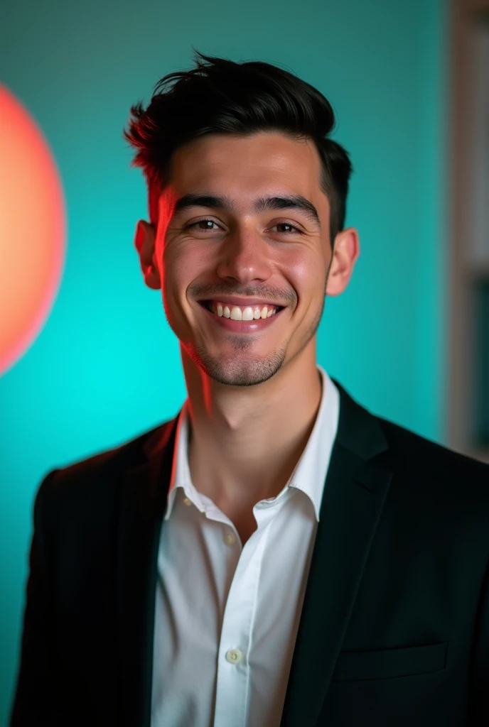 A young man with dark hair black the bread and a confident smile. He is dressed in a black blazer over a white shirt. The man is positioned against aqua colour backdrop with a subtle red lighting on the left side. and he posing for Linkedin profile