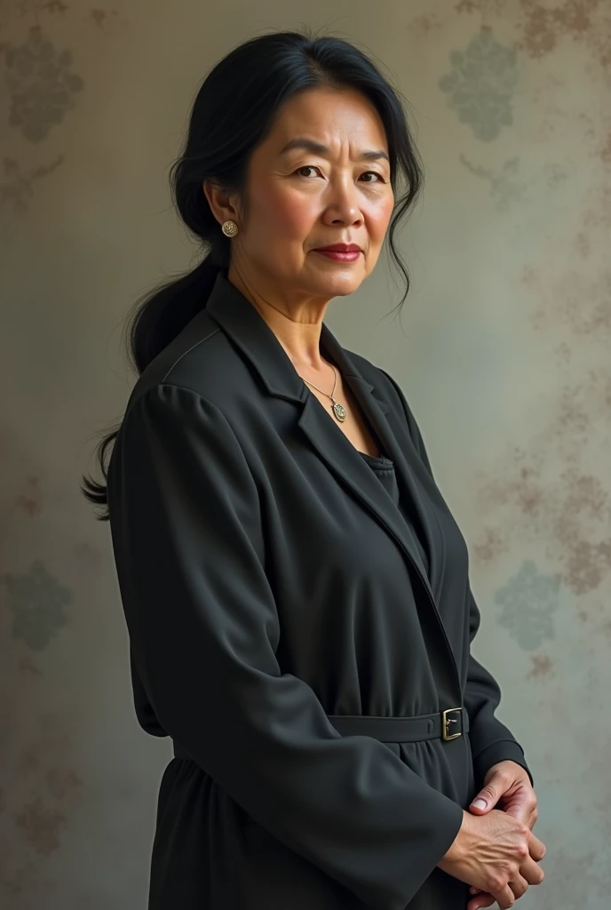 A full head to bottom photo of women of mother age with black hair