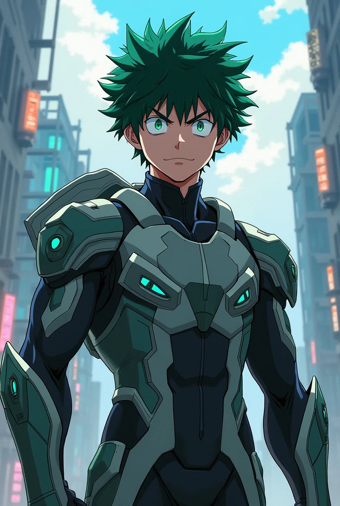 Generate Izuku Midoriya from Boku no Hero perfectly realistic and with a futuristic and imposing suit