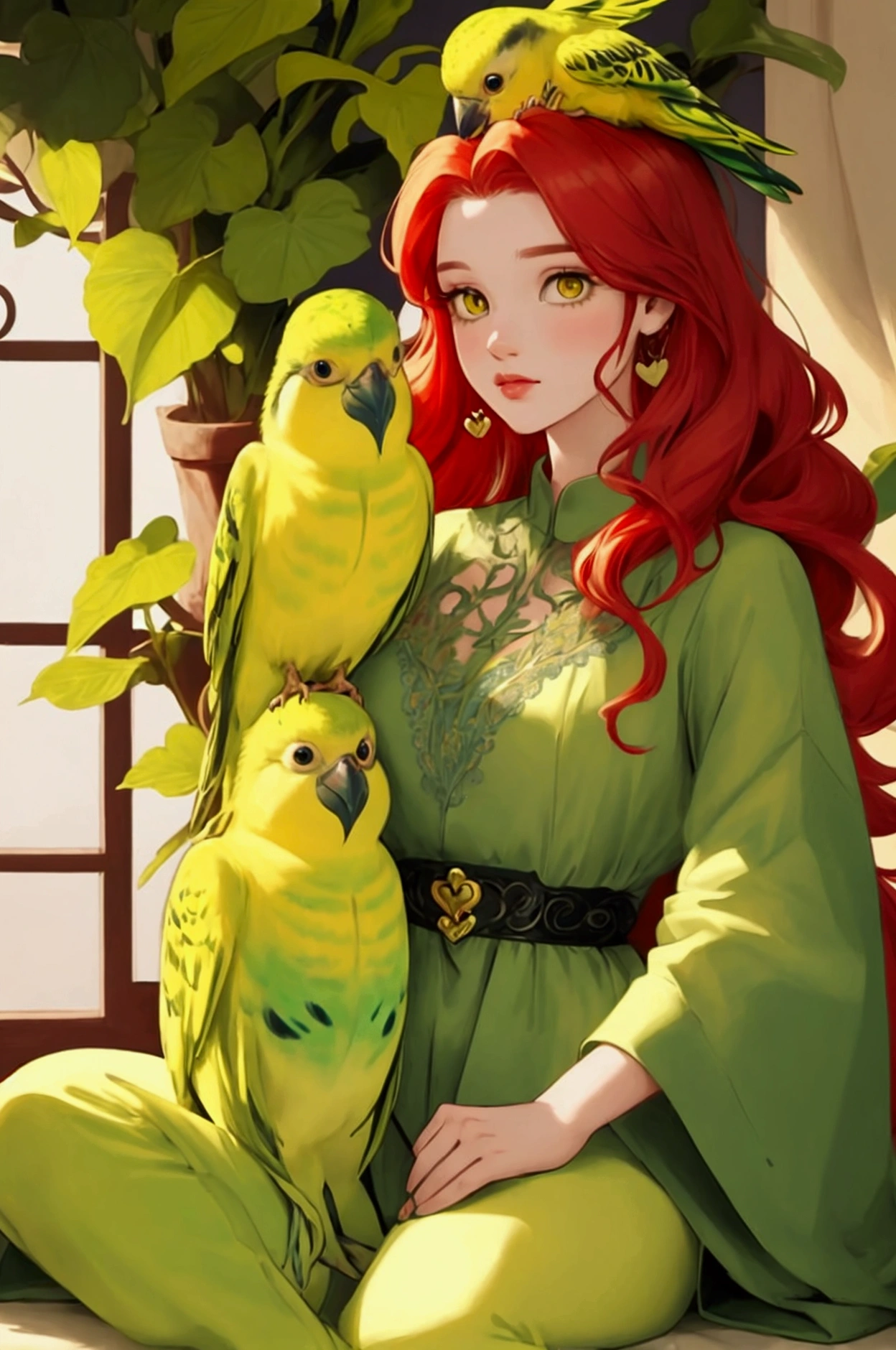 Top quality, yellow headed green body budgerigar sitting on the head of a long-haired woman with red hair, heart-warming, background is beautiful plants