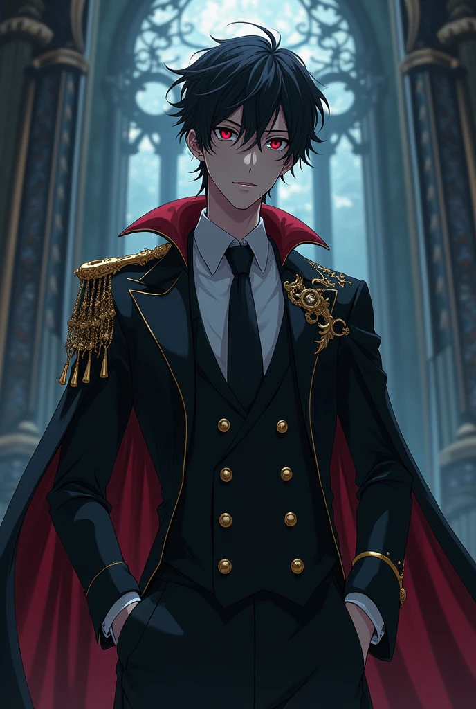A anime guy, black hair,tall,around 25--30 years, and dresses on a magician suit
