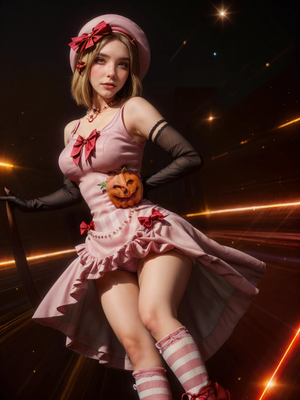 (1 lady), The beautiful, (Best quality at best:1.4), (ultra - detailed), (extremely detailed CG unified 16k), gold blonde hair, very detailed, High-definition RAW color photo, professional photoshooting, amazing face and eyes, cosmetics, (amazingly beautiful girl), ((lambdadelta, taller, tall woman)), ((dress, shoes bow, red shoes, striped stockings, red bow, pink hat, necklace, gloves, pearl, pumpkin brooch, pink dress)), levitating in a cute posture (floating in the air), (She's levitating in a cosmic sea, outer space:1.3, quantum hyperspace room lacking walls, hyperspace chamber, extremely detailed background, a lot of details background, realistic background), (look from above), realistic cinematic face, head to feet long wide zoomed out view, full body long view, photorealistic, ((realistic natural blonde hair style, red eyes)), gorgeous, extremely beautiful face, perfect model beauty, pout mouth, Highly Detailed Face and Skin Texture, Detailed Eyes, Double Eyelids, Big Breasts, Persistent Stare, Faith Trance, (mystical stare, looking eternity), (masterpiece), best quality, high resolution, depth of field, cinematic lighting, amazing legs, pink combat boots, clear and well-cared skin, bethcast