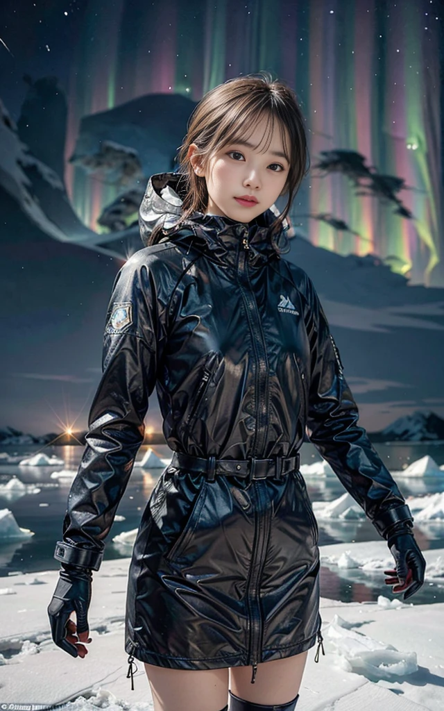 "Create a hyper-realistic digital painting of an explorer in advanced cold-weather gear standing at the edge of a vast Antarctic ice shelf. In the foreground, partially exposed from the ice, is an ancient, otherworldly artifact that seems to pulse with a faint magical energy. The sky should be a dramatic mix of aurora australis and strange, unexplainable light phenomena. Pay careful attention to the texture of the ice, the reflection of the magical lights on the explorer's protective visor, and the contrast between the modern equipment and the ancient magical relic. The overall atmosphere should balance the harsh reality of the Antarctic environment with a sense of wonder and hidden magical history."
