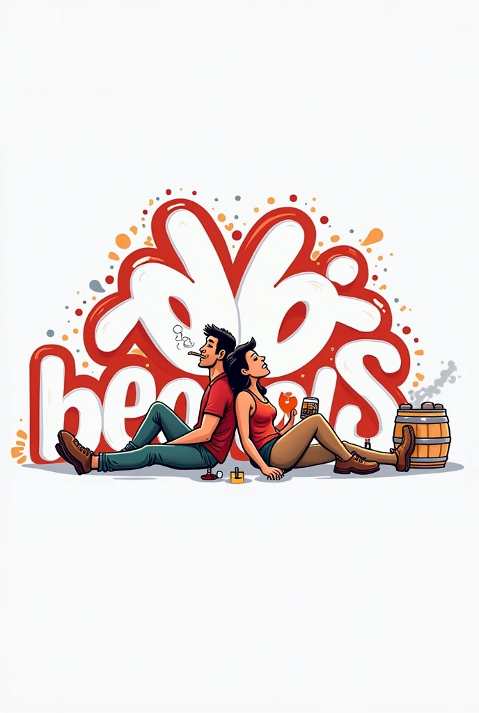 Generate a realistic style logo etiqueta de cerveza of a man feliz sitting on the floor smoking a cigarette, woman feliz sitting on the floor drinking a bottle of whiskey, back to back, graffiti text "BEODOS", barril de cerveza, cartel fiestas patronales,