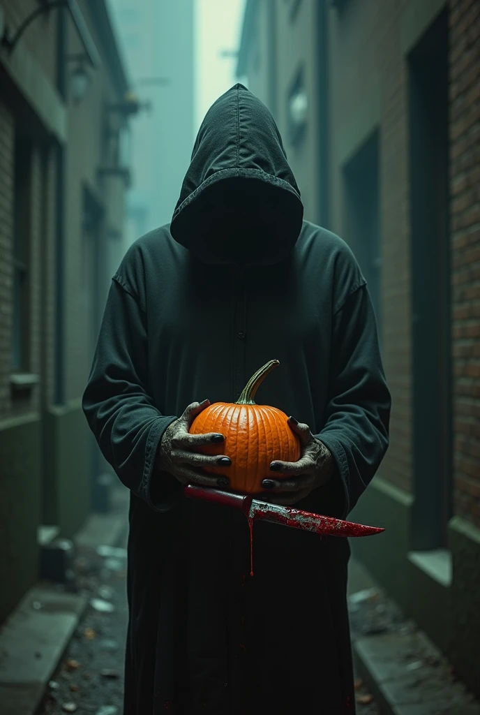 Horror movie Porter with a woman with bloody clothes and in her hand a pumpkin stained with blood and in the other hand a knife with blood in the background of a street