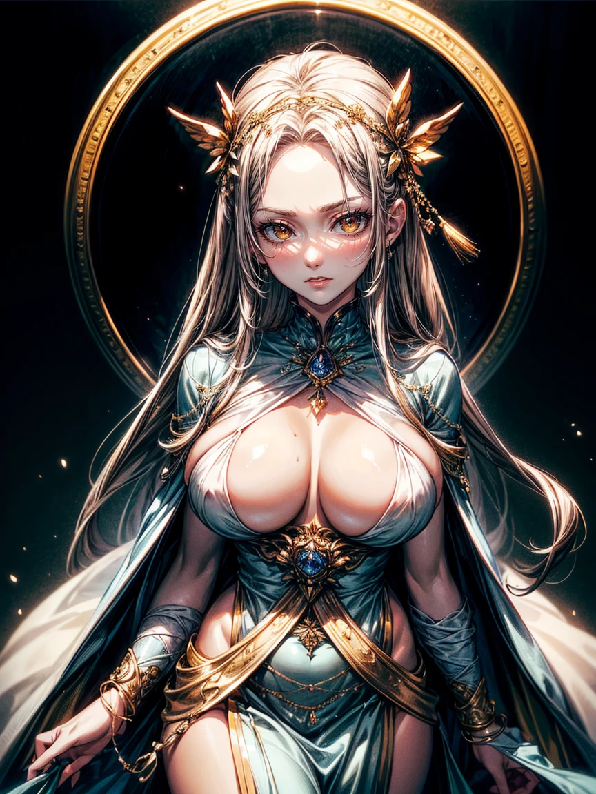 masterpiece,highest quality,Ultra high definition, The Goddess Themis, Greek mythology,((Forehead hair)),white hair,,deep brown eyes, white draped robe, scales, (Deep brown eyes), big breasts, covered, no skin, fullycovered