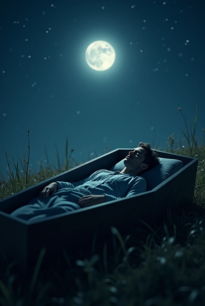Man selpIng  coffin under the moon and stars 
