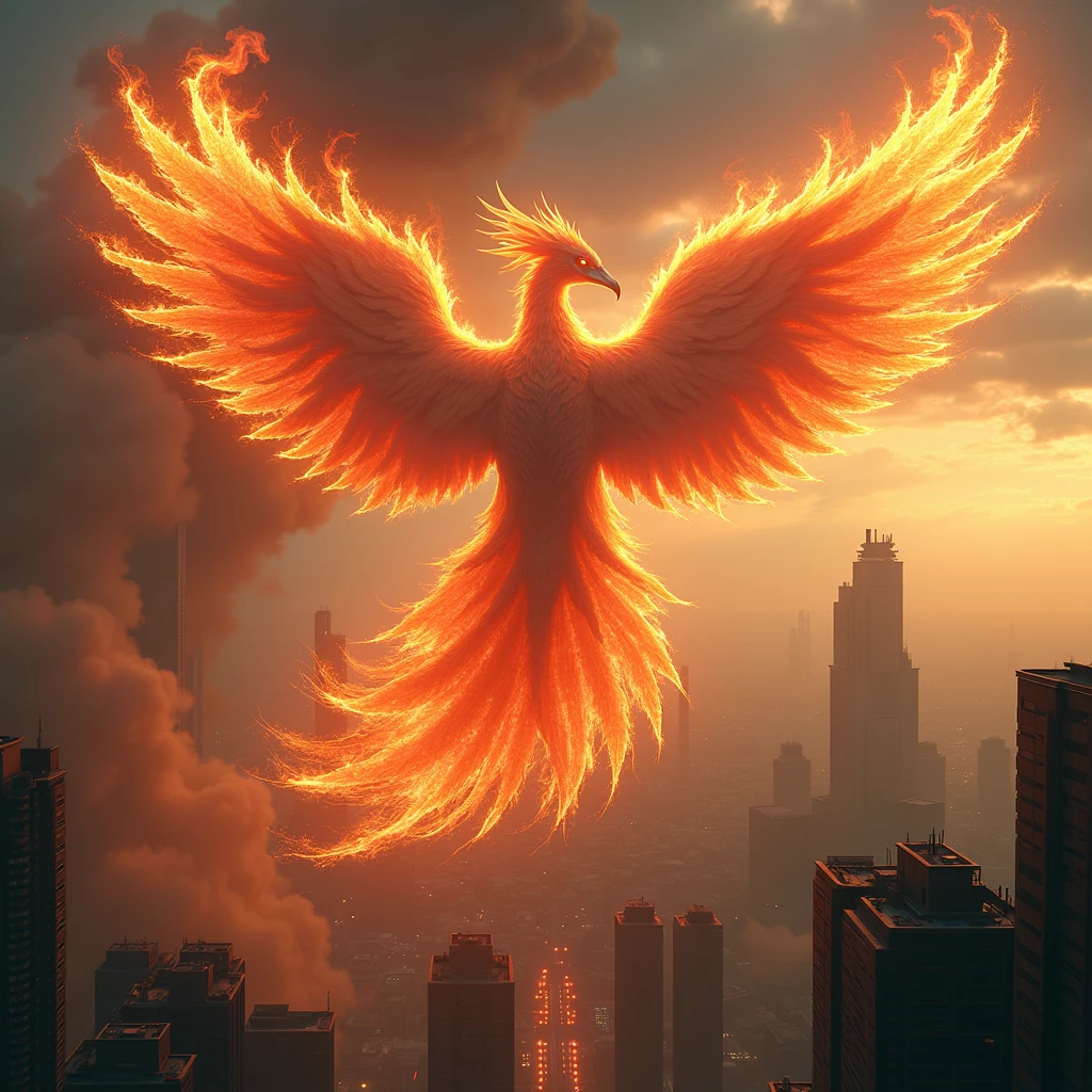 The mysterious and giant phoenix、Detailed burning flame bird、Detailed rainbow flames、Sharp and detailed claws、Thick, detailed legs、Detailed large wings、Exquisite detail、Dramatic lighting、Cinematic pose、Majestic wings spread、Burning embers、Swirling smoke、Vibrant colors、Solemn、peacefulness、Appearing above the skyscrapers、(best quality,4K,8k,highres,masterpiece:1.2),ultra-detailed,(realistic,photorealistic,photo-realistic:1.37),cinematic,dramatic lighting,vivid colors,ornate,highly detailed phoenix,intense fire effects,dramatic angles,sweeping wingspan,powerful presence