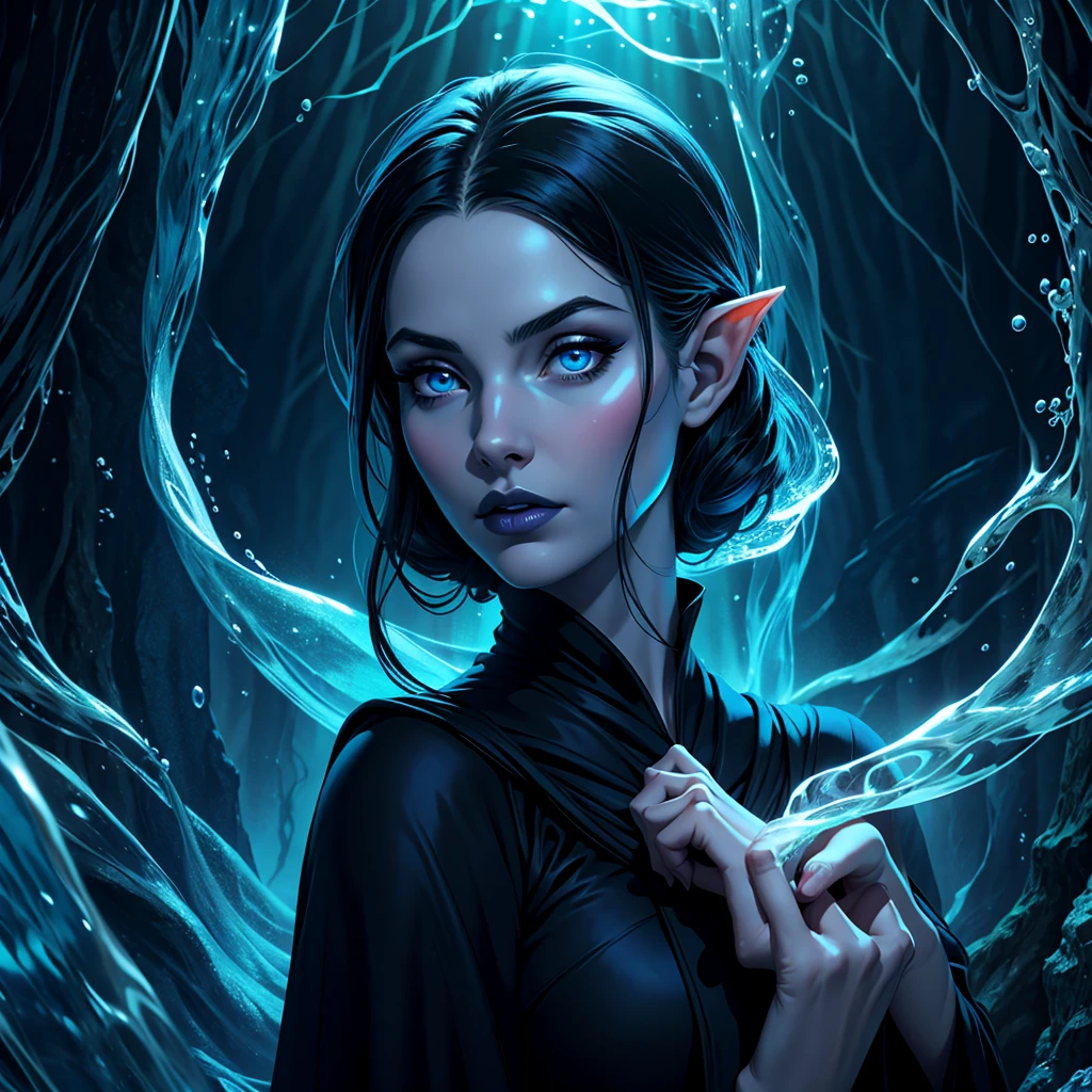 elven girl, porcelain skin, high cheekbones, sharp facial contours and graceful, delicate features, cold expression, hair thick, long and straight, blue-black, dark blue eyes with a slight underwater light coming from within, blue shadows around the eyes, her gaze is directed to the side, black robe, creates a transparent blue cube in her hands, blue cubes in the background