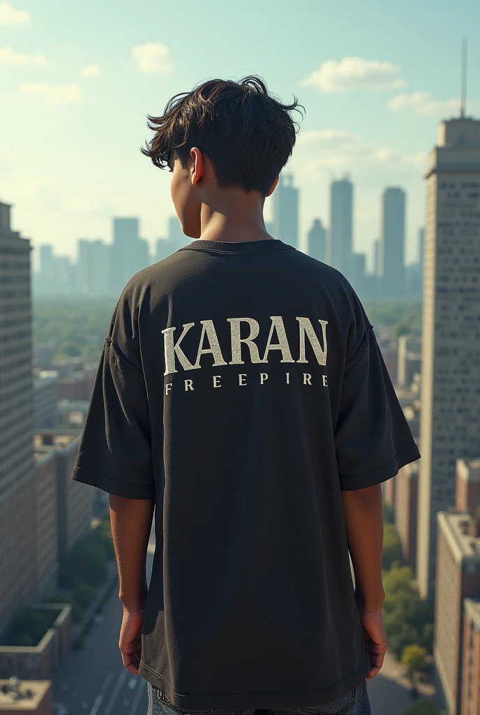 A 15 year boy wearing Hip Hop Bundle of free fire at the back of the shirt it should be written Karan. And the boy is standing on the top of the building,face should be hidden