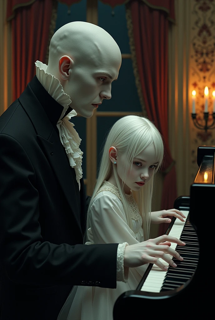 Vampire teaching albino girl to play piano
