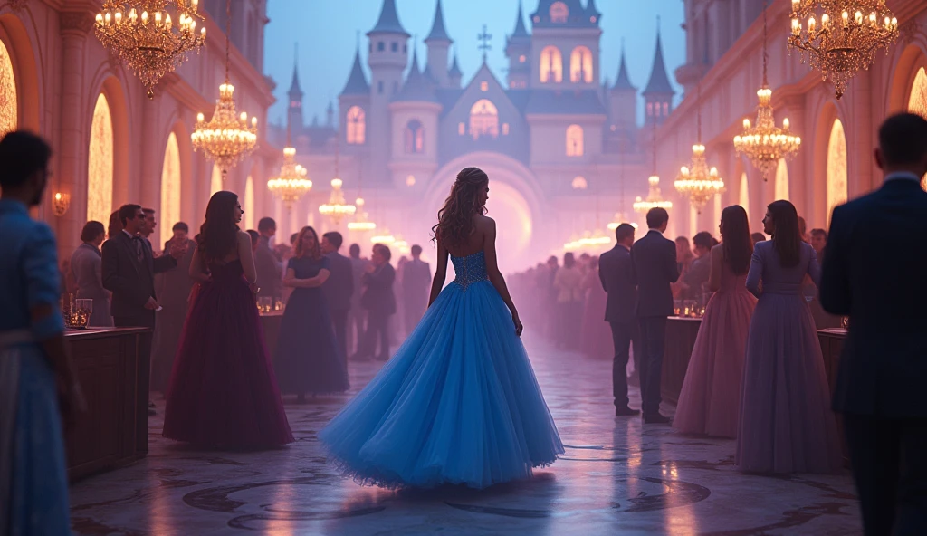 Walking at a party, Cinderella Blue Party, castle background