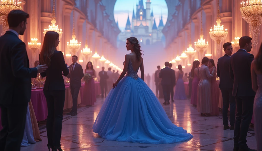 Walking at a party, Cinderella Blue Party, castle background