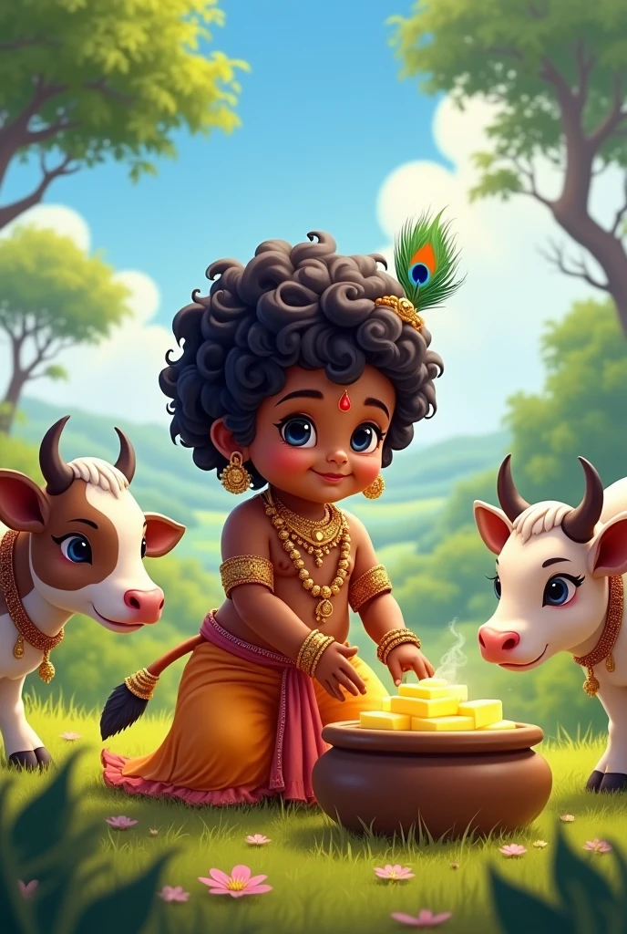 Create little krishna with cows pot with butter