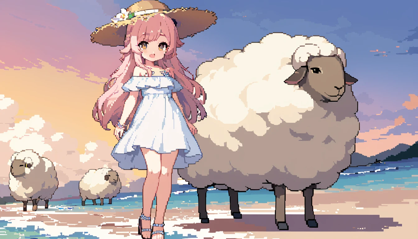 masterpiece, Highest quality, 8k, \(Pixel art, Vivid, Highest quality\), \((One person, Sheep)), (young woman, Open your mouth, Fluffy hair, Long Hair, sheepの毛のような髪, Pink Hair, eyebrow, 太いeyebrow, White dress, Straw hat, High heel sandals\), (Highest quality:1.0), (\Seaside, Sandy Beach, evening\), sheep