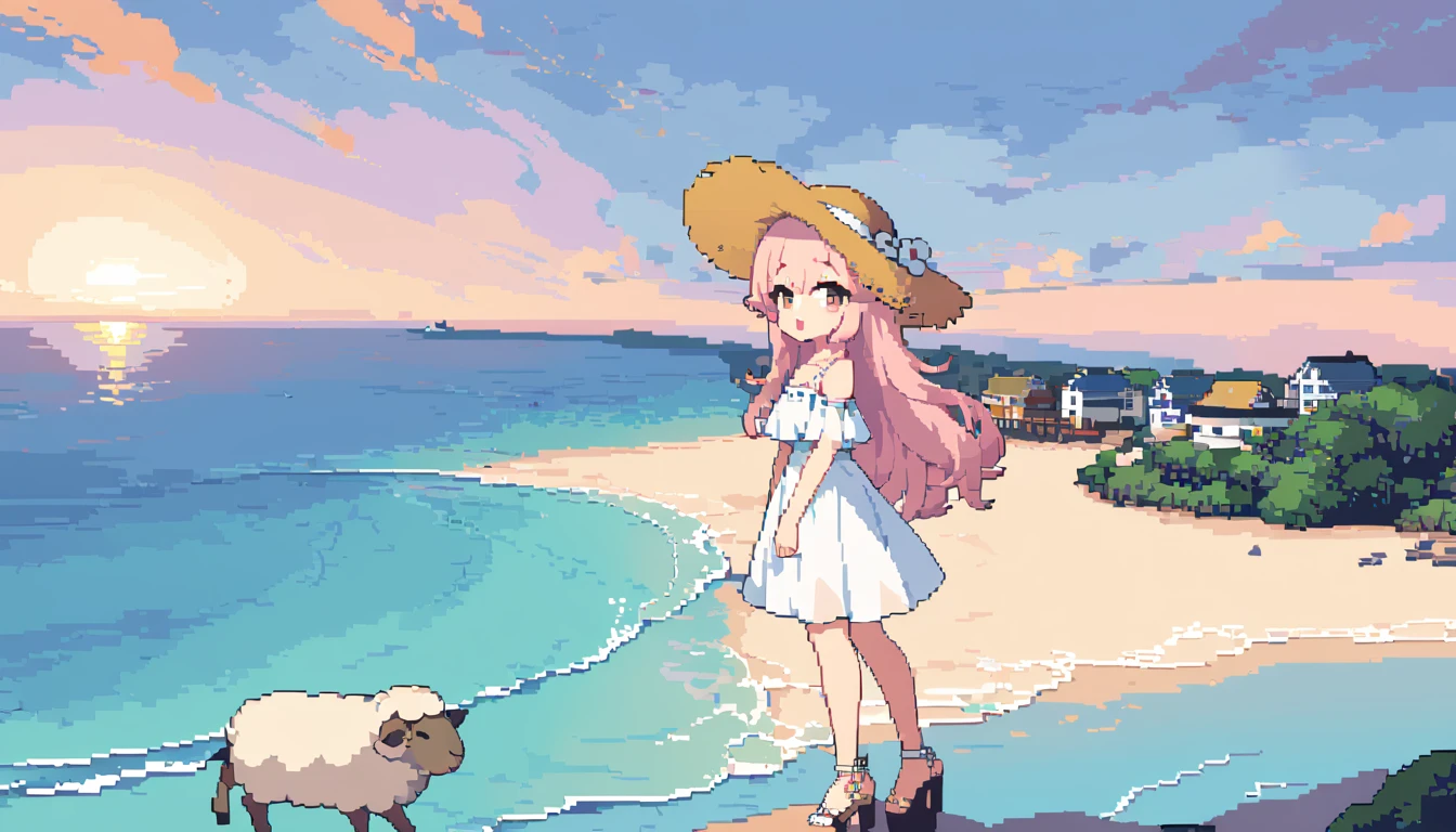 masterpiece, Highest quality, 8k, \(Pixel art, Vivid, Highest quality\), \((One person, Sheep)), (young woman, Open your mouth, Fluffy hair, Long Hair, sheepの毛のような髪, Pink Hair, eyebrow, 太いeyebrow, White dress, Straw hat, High heel sandals\), (Highest quality:1.0), (\Seaside, Sandy Beach, evening\), sheep