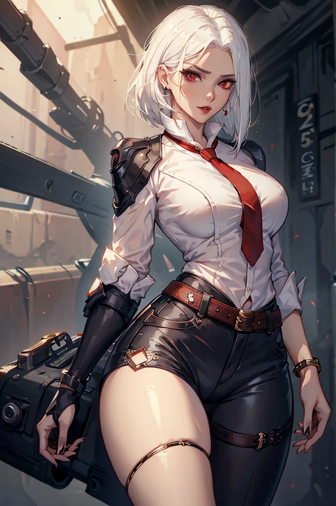 (masterpiece, best quality:1.2), expressive eyes, perfect face, highres, 1girl, solo, AsheOver, mole, earrings, red eyes, white hair,  medium hair, jewelry, makeup, lipstick, necktie, red necktie, thigh strap, black gloves, belt, stud earrings, red lips, shirt, pants, lips, eyeshadow, standing, upper body, looking at the viewer