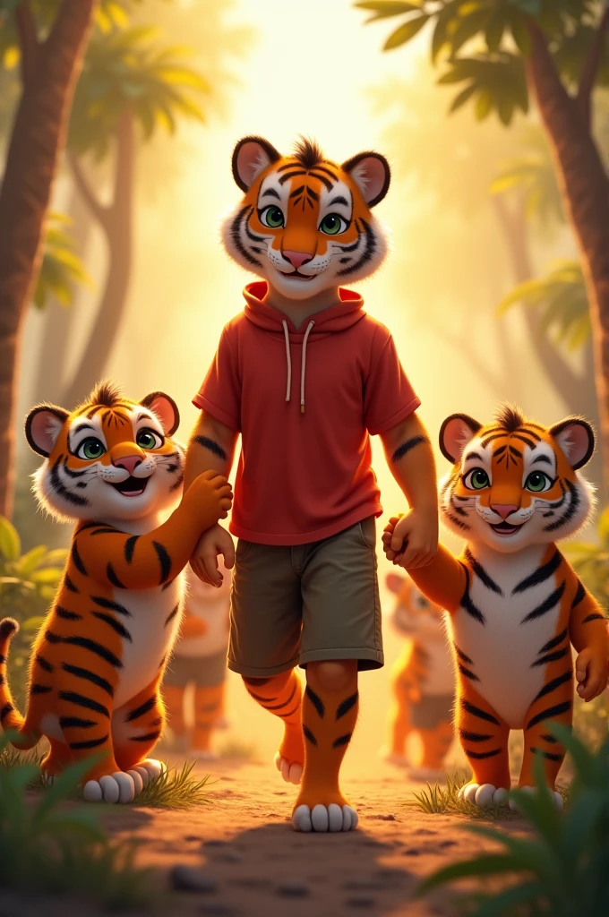 A young humanoid tiger wearing a red shirt illuminated by the soft glow Rohan's friends, a group of playful humanoid tiger cubs, cheered him on and supported him in his new journey."