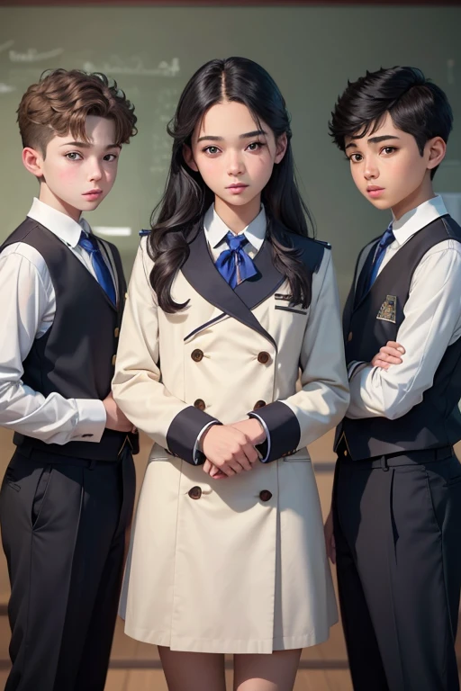 a young boy in school uniform, three young boys in school uniform standing, extremely detailed eyes and face, beautiful detailed lips, detailed uniform, vivid colors, warm lighting, realistic, photorealistic, photo-realistic:1.37, best quality,4k,8k,highres,masterpiece:1.2,ultra-detailed,realistic photo