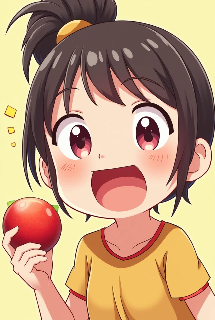 Girl holding fruit shouting happy (cartoon) (ONE bun hair) close up 1D only no shadow