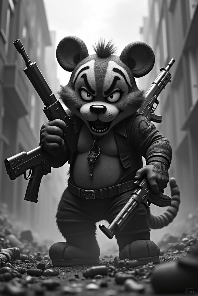 Bad Tigger with joints, vice, many guns, a lot of smoke, black and white, stealing and killing 