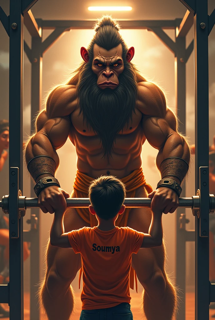  Lord Bajrangbali Hanumanji (in form of monkey god form)helping a boy in gym and soumya is written on the back of tshirt wich the boy has worn 