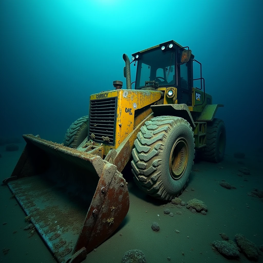 A gloomy underwater background, faint light coming in from the surface. A Caterpillar CAT 980K wheel loader lies inert at the bottom of the Atlantic Ocean, covered in algae and corals. Dirt and rust collect on its metal surface, and low light makes the image dark and mysterious.