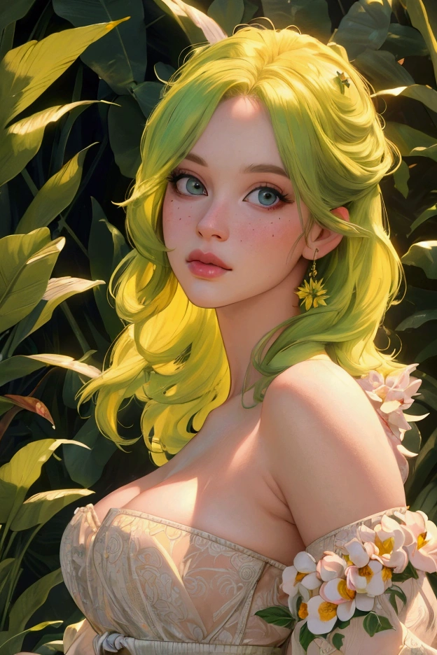 a yellow headed green body budgerigar,1woman with long red hair,beautiful detailed eyes,beautiful detailed lips,extremely detailed eyes and face,longeyelashes,budgerigar on woman's head,heart-warming,lush foliage,detailed tropical plants,vibrant colors,natural lighting,photorealistic,masterpiece,(best quality,4k,8k,highres,masterpiece:1.2),ultra-detailed,(realistic,photorealistic,photo-realistic:1.37)