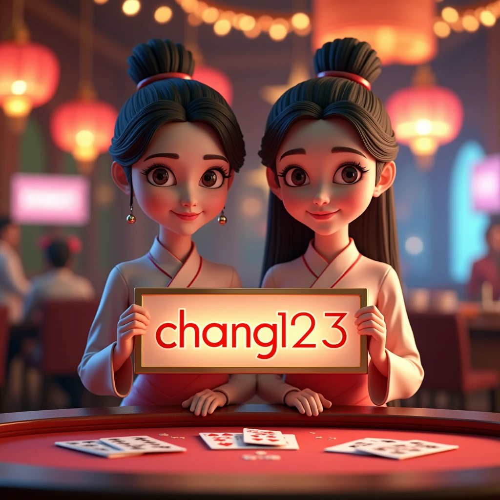 PG SLOT >> [chang123th.featuring] Direct web, upper body, two beautiful Thai women holding a sign "CHANG123 REGIST NOW" Cheerful, Happy, Casino Background, Thai Dress, Real Cartoon Pixar, Broken Chest, Standing Behind Poker Table, White Skin , 3d render, fantasy