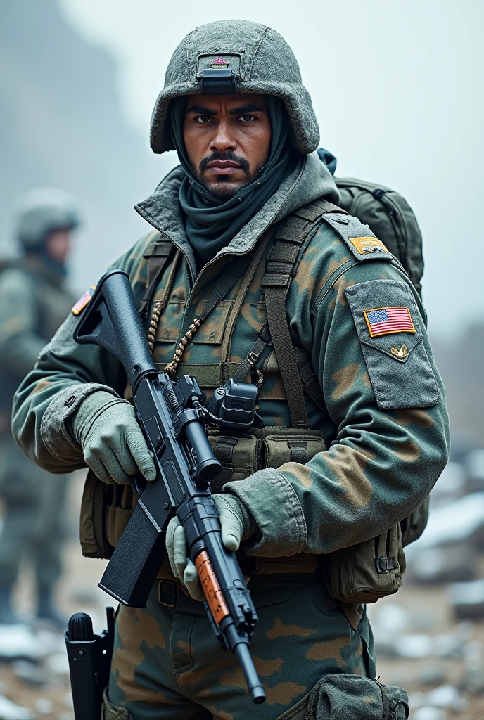 1 men, (indian soldiers), snow camouflage soldier uniform, detailed lines, gorgeous face, upscale:4x, gun, in neck, masculine, war background,