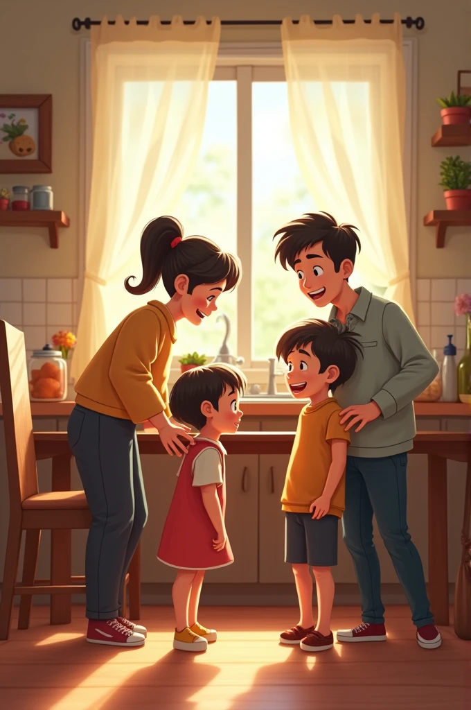 "Create a scene where the parents, realizing they’ve been pranked, turn the tables on the siblings by making them responsible for cooking breakfast. Show the siblings’ (brother and sister) shock and reluctance.