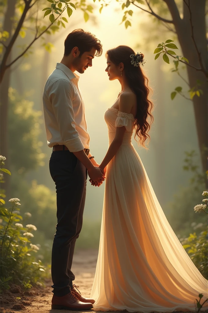 A woman and a man hold hands. A woman wears a cylinder skirt.