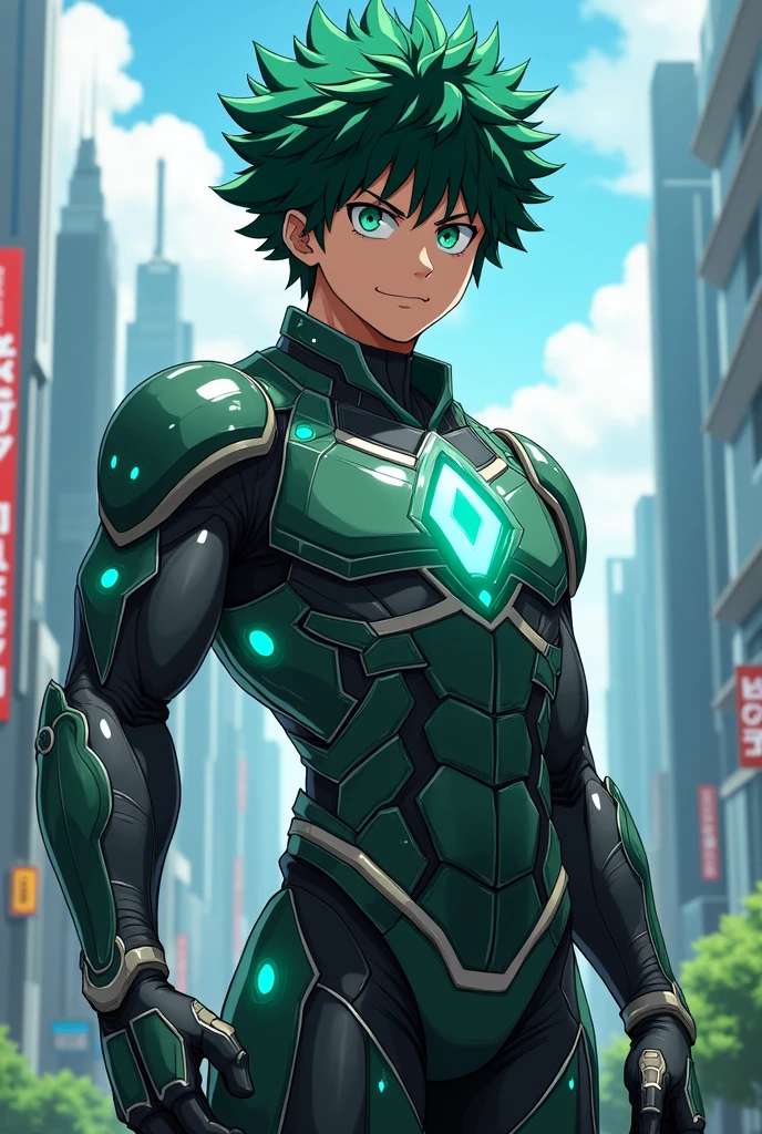 Generate Izuku Midoriya from Boku no Hero perfectly realistic and with a futuristic and imposing suit that looks great