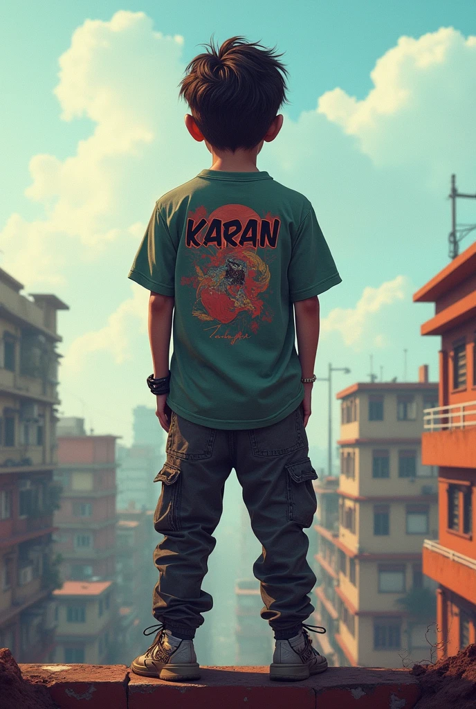A 15 year boy wearing Hip Hop Bundle of free fire at the back of the shirt it should be written Karan. And the boy is standing on the top of the building in india,face should be hidden