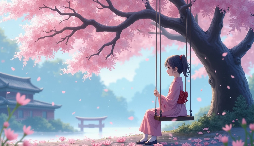 "Create a beautiful anime-style image of a young girl sitting on a swing under a cherry blossom tree, with snowflakes gently falling around. The scene should be in a Japanese aesthetic, showcasing delicate and vibrant colors, with the cherry blossoms in full bloom and the snowfall adding a serene, magical atmosphere."