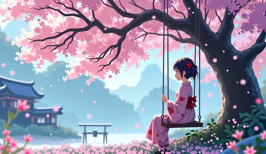 "Create a beautiful anime-style image of a young girl sitting on a swing under a cherry blossom tree, with snowflakes gently falling around. The scene should be in a Japanese aesthetic, showcasing delicate and vibrant colors, with the cherry blossoms in full bloom and the snowfall adding a serene, magical atmosphere."
