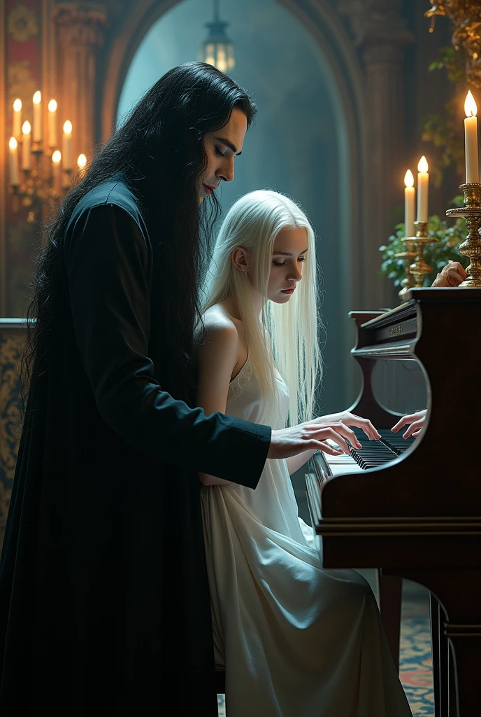 Vampire with hair teaching albino girl to play piano