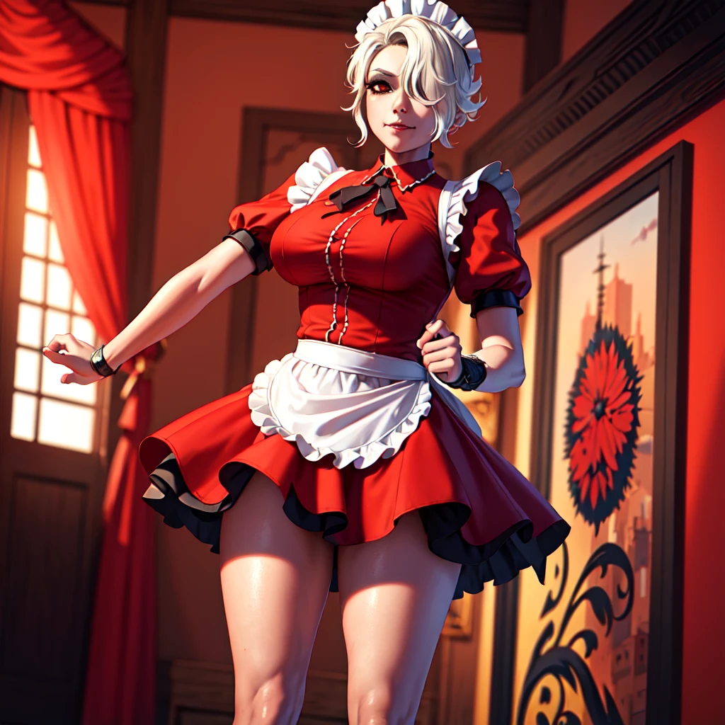 ((Extreme Detail)),(Ultra-detailed),(painting), clair obscur, extremely detailed CG unity 8k wallpaper, Best Quality, Portrait,treachery,bright,Fire in the background,Red shirt,Smokey Sky, full - body, (Maid costume),1girl, solo, solo girl, in full height, pantyhouse