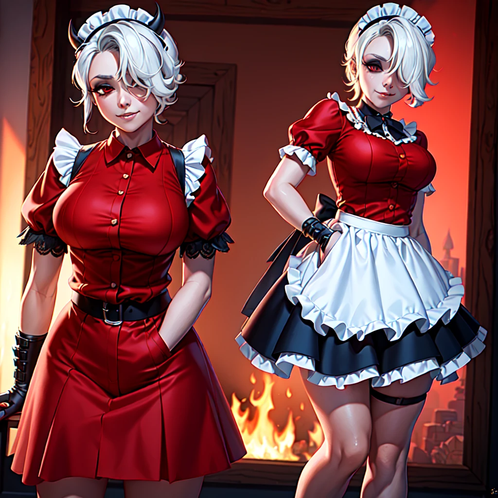 ((Extreme Detail)),(Ultra-detailed),(painting), clair obscur, extremely detailed CG unity 8k wallpaper, Best Quality, Portrait,treachery,bright,Fire in the background,Red shirt,Smokey Sky, full - body, (Maid costume),1girl, solo, solo girl, in full height, pantyhouse