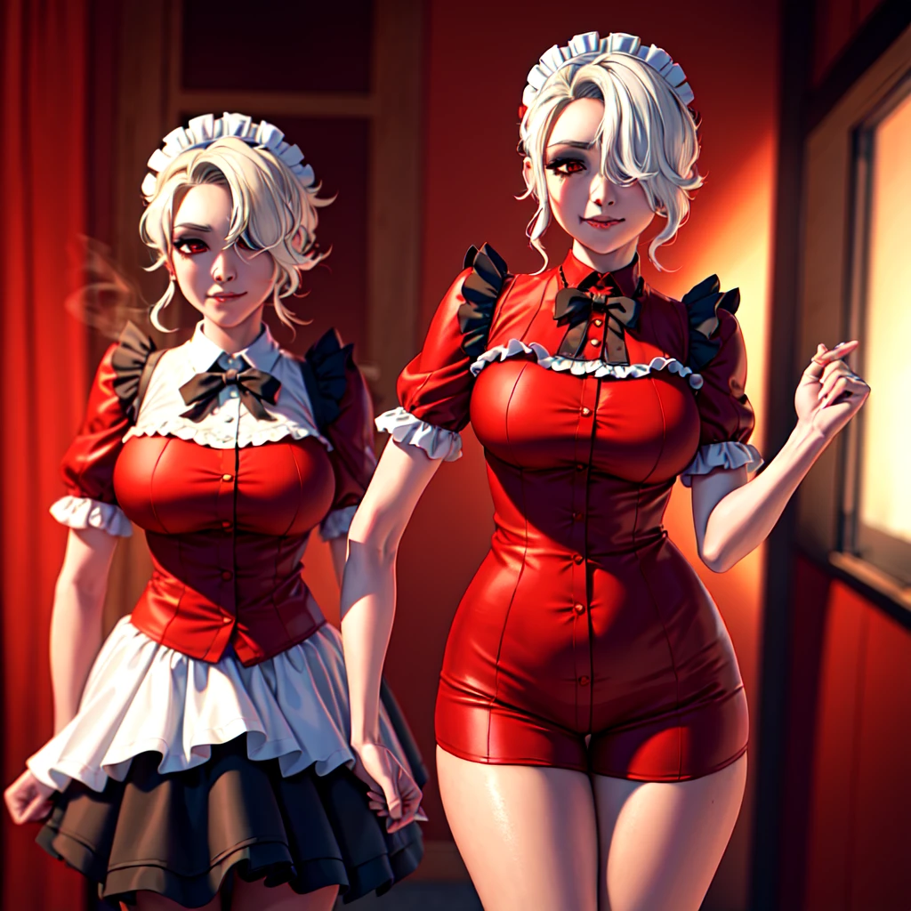 ((Extreme Detail)),(Ultra-detailed),(painting), clair obscur, extremely detailed CG unity 8k wallpaper, Best Quality, Portrait,treachery,bright,Fire in the background,Red shirt,Smokey Sky, full - body, (Maid costume),1girl, solo, solo girl, in full height, pantyhouse