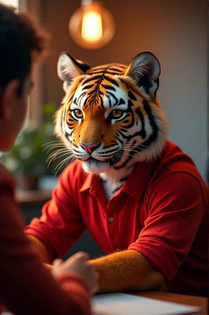 A young humanoid tiger wearing a red shirt illuminated by the soft glow Rohan applied for the job and soon received an interview call from a senior tiger at Zomato."