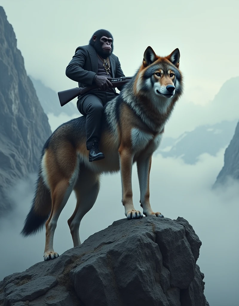 "On top of a rugged mountain peak, a majestic wolf stands proudly. Perched on the wolf's back is an ape, holding a rifle confidently. The wolf’s fur is detailed and textured, and the ape's posture is commanding, with a serious expression. The mountain backdrop is dramatic, with jagged rocks and a misty, cloudy sky to enhance the sense of height and danger. The scene should evoke a sense of tension and adventure, with the wolf and ape looking as though they are surveying the vast, treacherous landscape below."