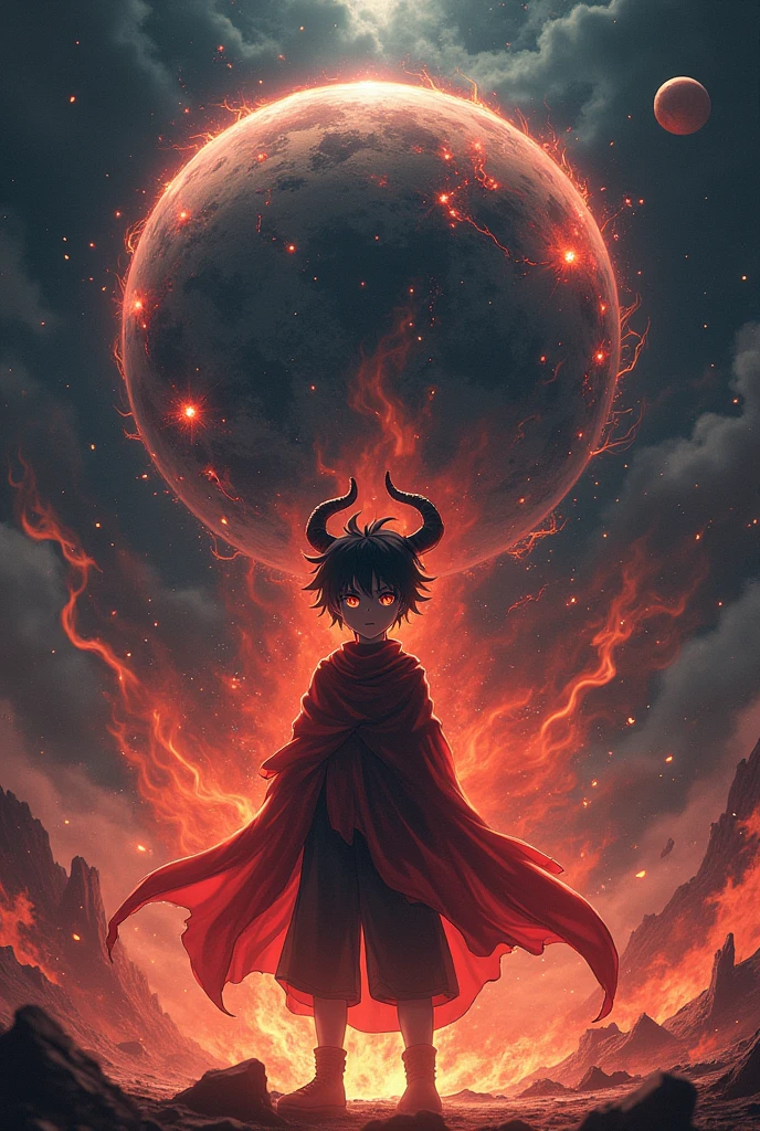 Create an image of an anime god with the appearance of a boy with horns coming out of his forehead with a black flame with black eyes and destroying a planet with black flames