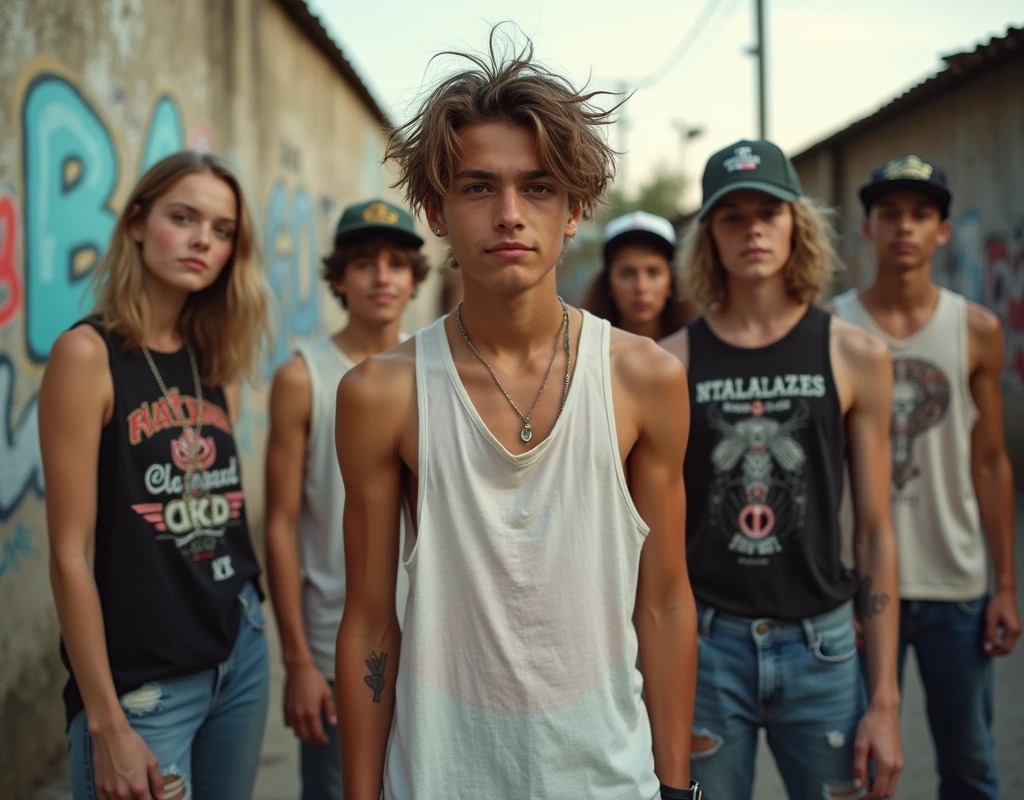 A photo of a teenager in skater fashion and his friends. Everyone is wearing a tank top