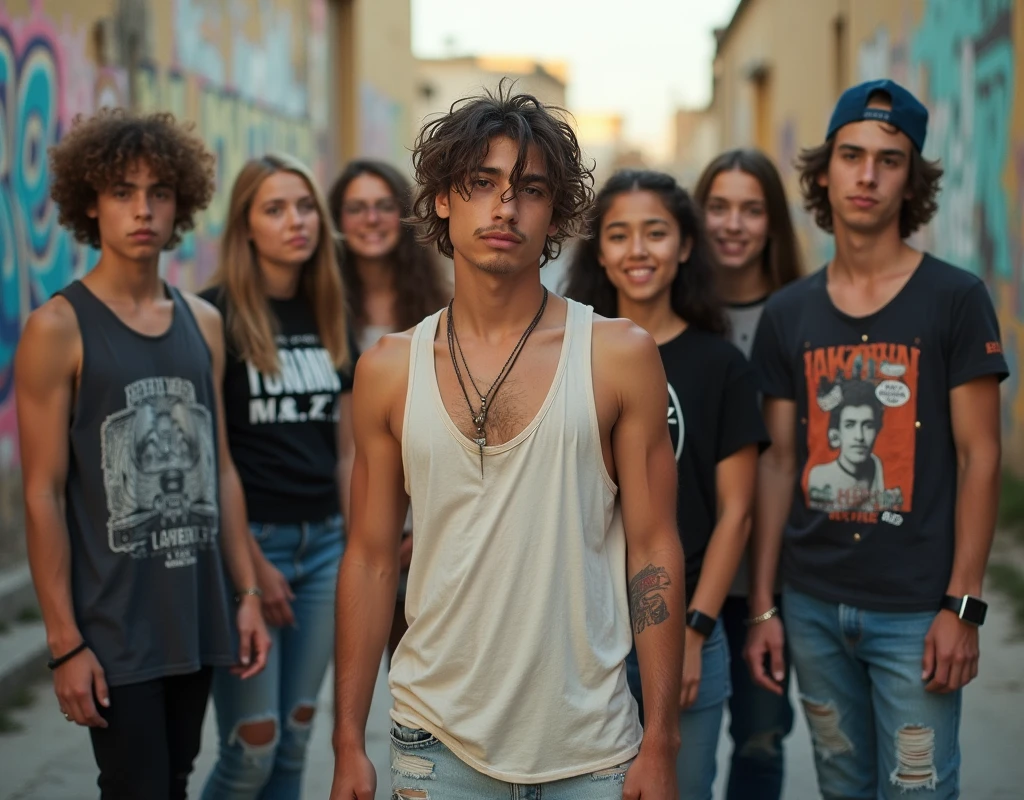 A photo of a teenager in skater fashion and his friends. Everyone is wearing a tank top
