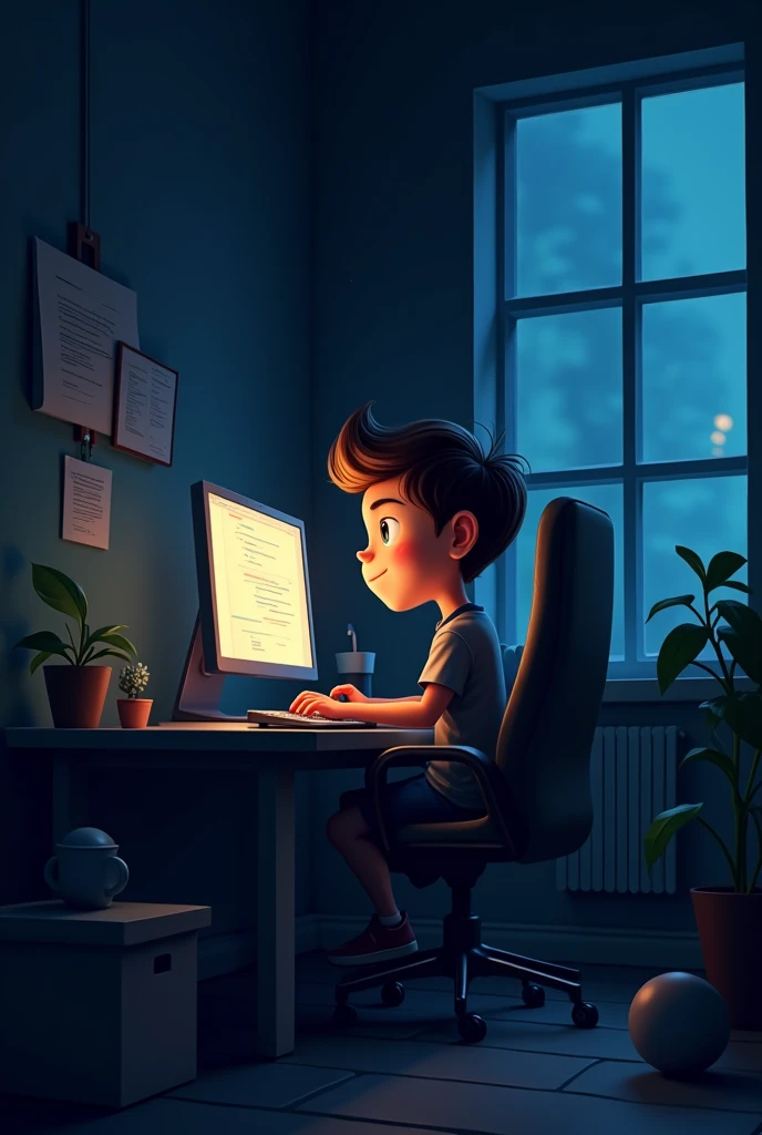 Web developer boy cartoon in the black room work and
computer