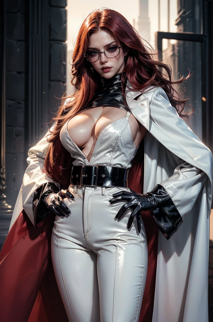 [cowboy shot], a beautiful young woman with long red hair, slim body, thin waist, narrow hips, detailed facial features, ((wearing high quality high waist black leather pants)), ((a formal white colored silk shirt with cleavage and long sleeves)), ((a white fur coat with red lining)), ((luxury waist belt)), ((slightly red tinted glasses)), ((black latex gloves)), ((expensive reflective silk scarf)), holding a handbag, hand on waist, (best quality,4k,8k,highres,masterpiece:1.2),ultra-detailed,(realistic,photorealistic,photo-realistic:1.37),high fashion,editorial,dramatic lighting,cinematic,vivid colors,intricate details, glamorous, ((coat on shoulders))