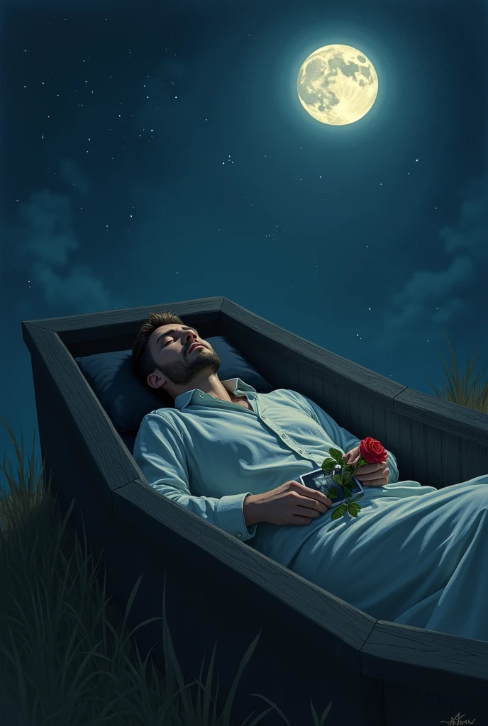 Man selpIng coffin under the moon and stars , In the Man hand rose and another hand photo