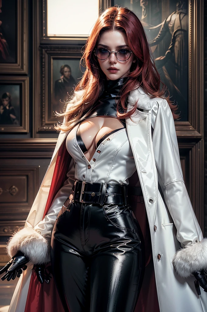 [cowboy shot], a beautiful young woman with long red hair, slim body, thin waist, narrow hips, detailed facial features, ((wearing high quality high waist black leather pants)), ((a formal white colored silk shirt with cleavage and long sleeves)), ((a white fur coat with red lining)), ((luxury waist belt)), ((slightly red tinted glasses)), ((black latex gloves)), ((expensive reflective silk scarf)), holding a handbag, hand on waist, (best quality,4k,8k,highres,masterpiece:1.2),ultra-detailed,(realistic,photorealistic,photo-realistic:1.37),high fashion,editorial,dramatic lighting,cinematic,vivid colors,intricate details, glamorous, ((coat on shoulders))